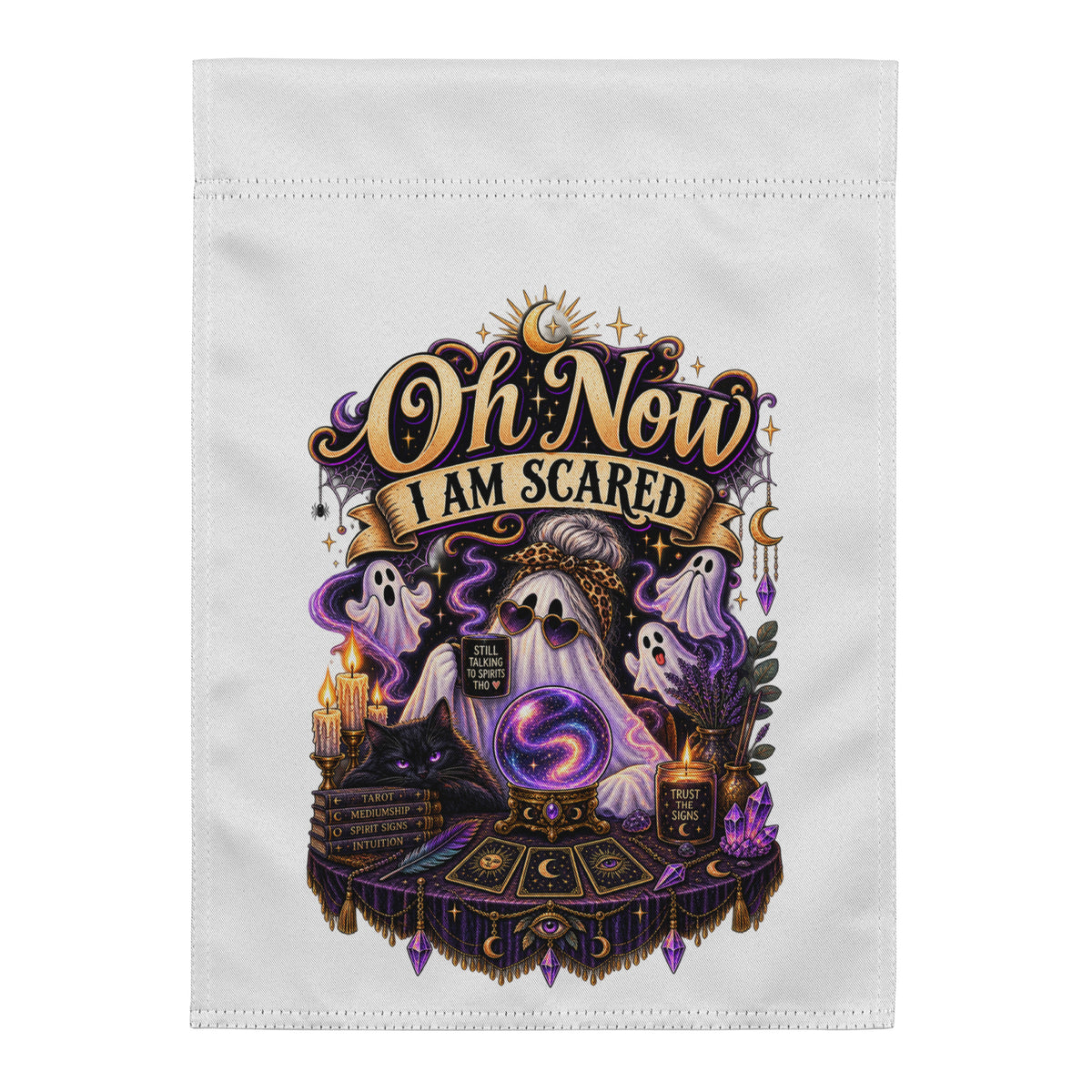 Oh Now I Am Scared whimsigoth design, a ghost in heart-shaped sunglasses reading a crystal ball, on a white garden flag, 12 x 17 inches, front view