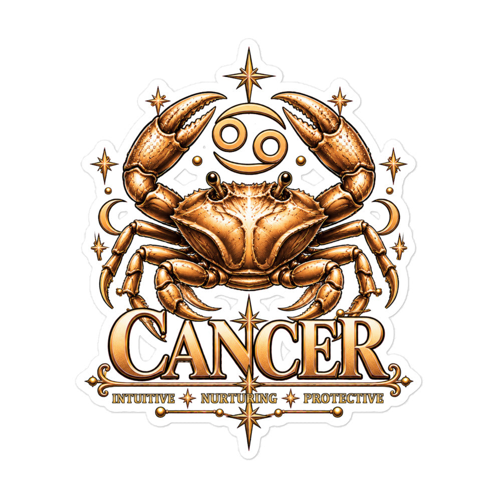 Cancer zodiac sticker, 5.5 x 5.5 in kiss-cut: a golden crab with claws raised in a night sky of gold stars