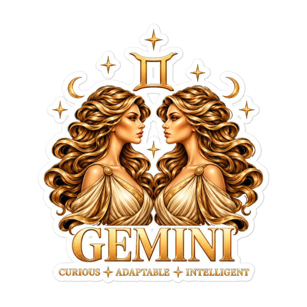 Gemini zodiac sticker, 5.5 x 5.5 in kiss-cut: golden twins face to face with flowing hair in a night sky of gold stars