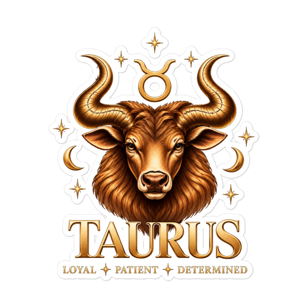 Taurus zodiac sticker, 5.5 x 5.5 in kiss-cut: a golden bull with sweeping horns in a night sky of gold stars