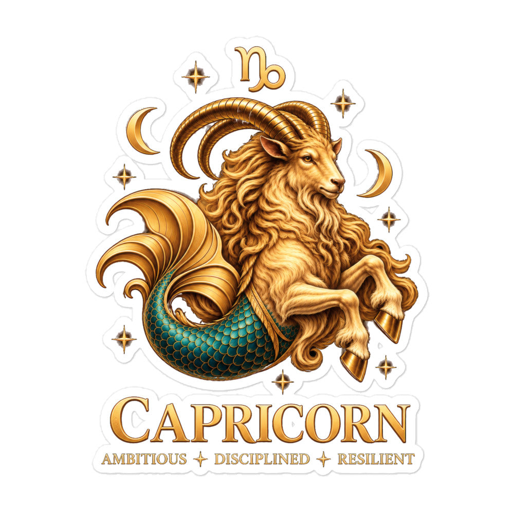 Capricorn zodiac sticker, 5.5 x 5.5 in kiss-cut: a golden sea-goat with a teal fish tail in a night sky of gold stars