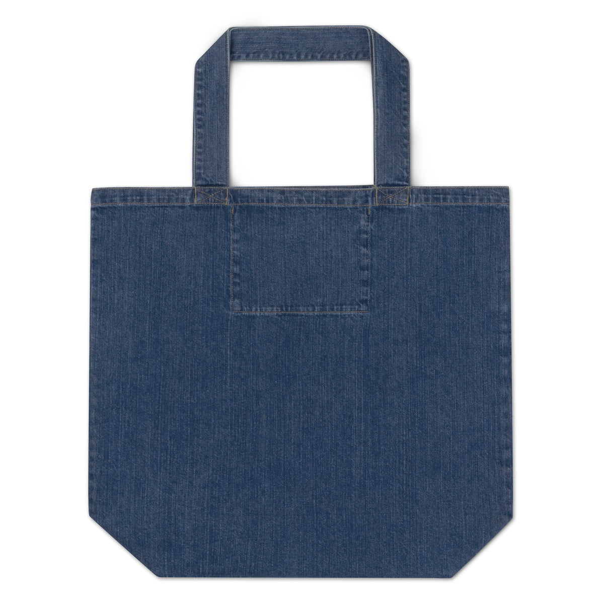 Your Thoughts Shape Your Reality organic denim tote bag in denim blue, back view, showing the plain reverse.