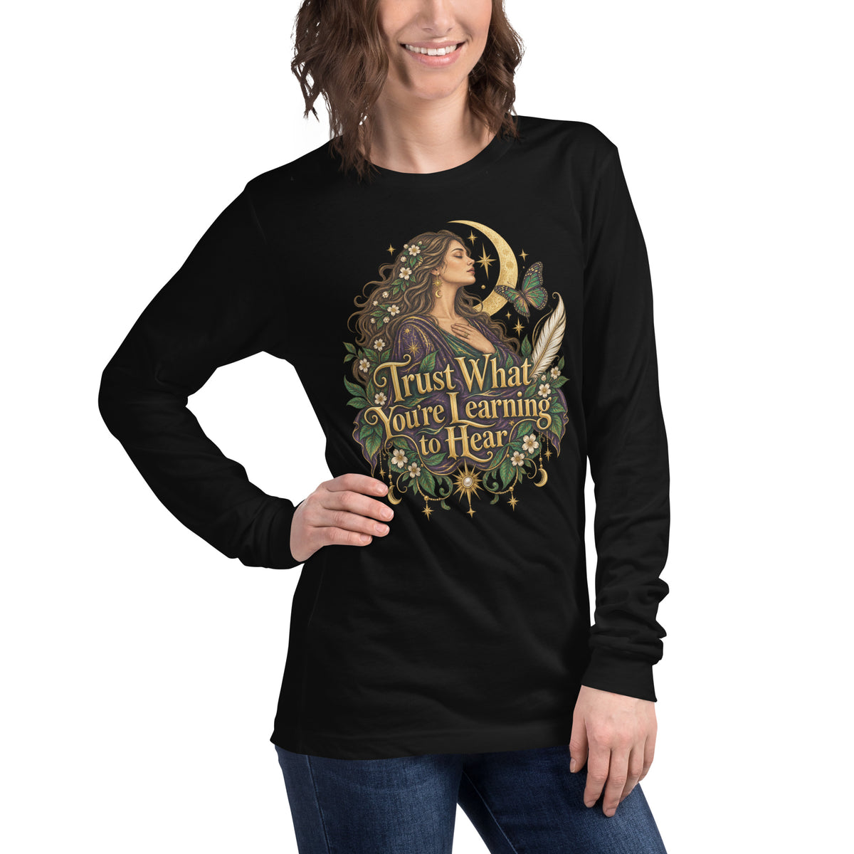 Trust What You're Learning To Hear design, Apprentice Edition, on a black unisex long sleeve tee, angled right front view