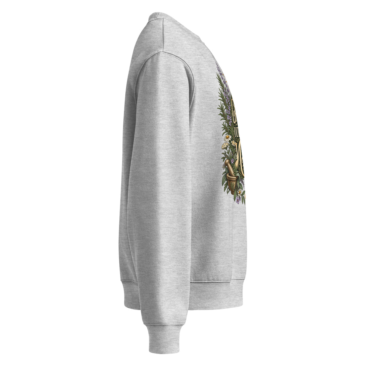 Grow Your Own Magic design on an athletic heather oversized sweatshirt, right side view