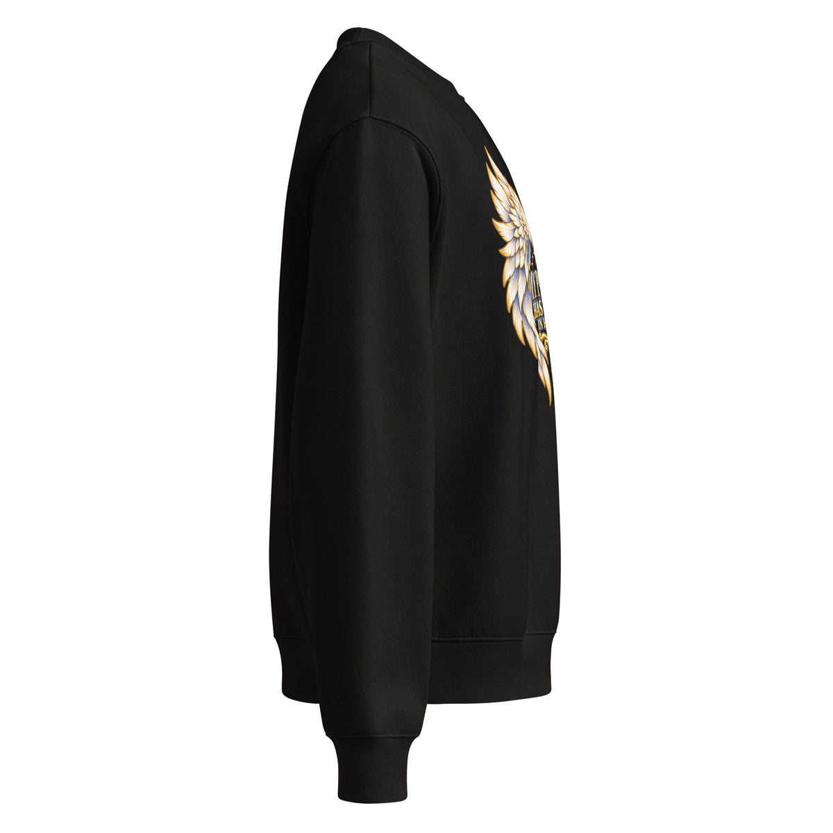 My Person Has Wings In Heaven design, gold and white angel wings curving into a heart around gold lettering with blue star sparkles, on a black oversized heavyweight sweatshirt, right side view