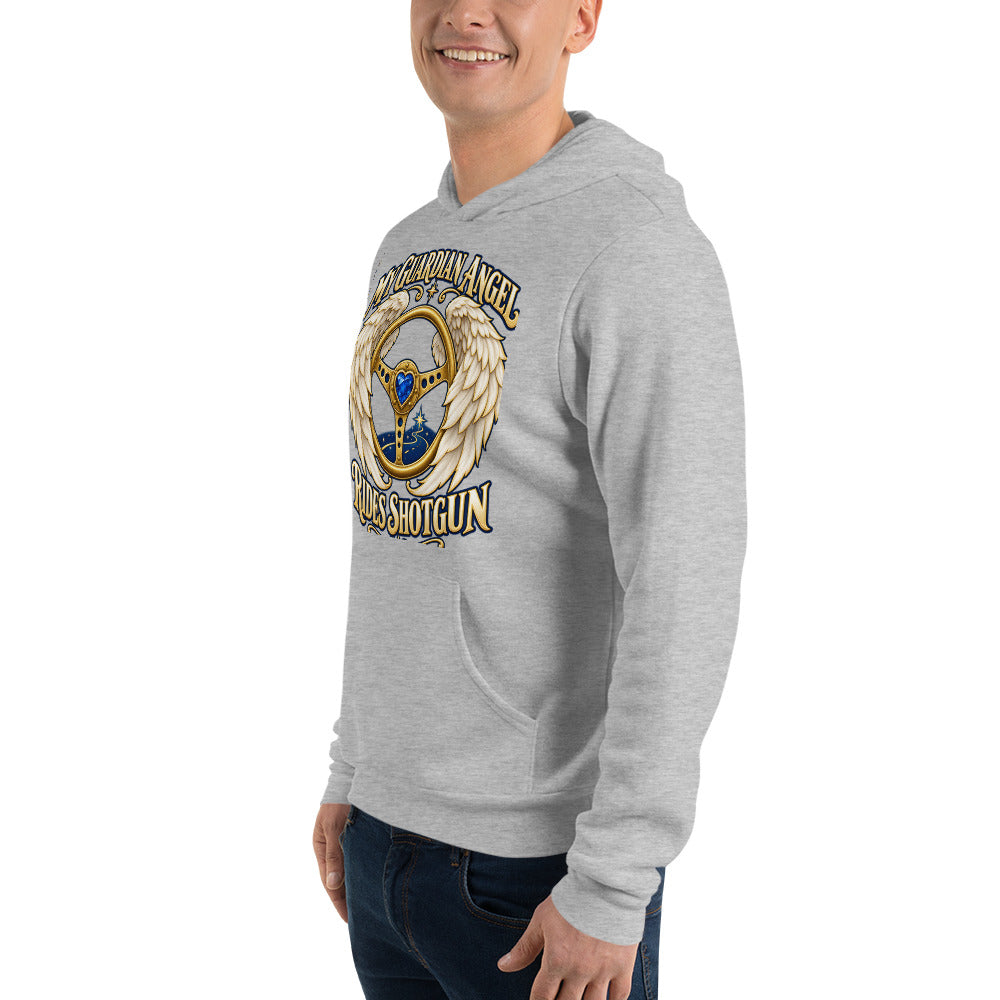 My Guardian Angel Rides Shotgun design, a gold steering wheel framed by cream angel wings, on an athletic heather pullover hoodie worn by a model, angled to the left