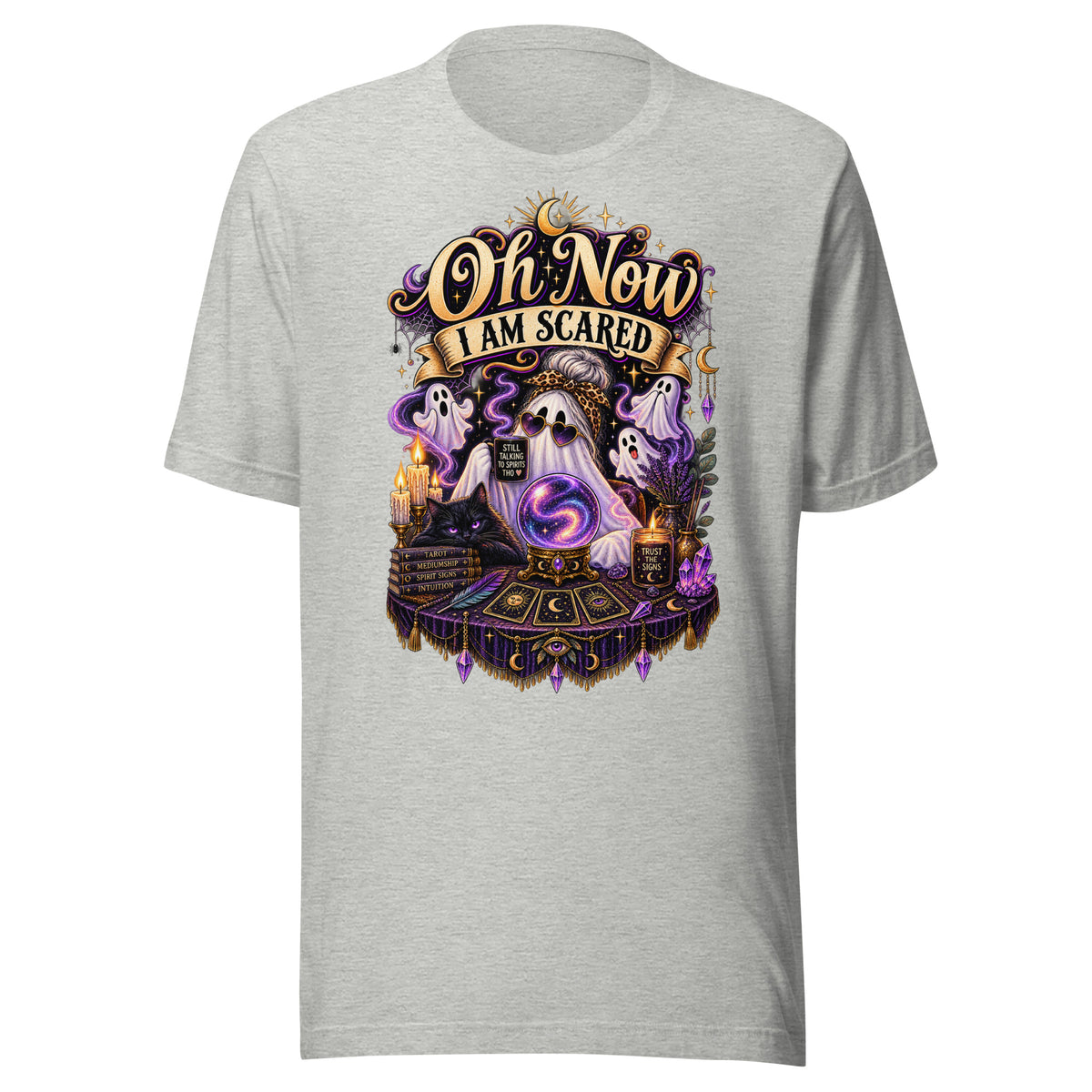 Oh Now I Am Scared design, a ghost in heart sunglasses reading a crystal ball with tarot cards, on an athletic heather unisex t-shirt, front view