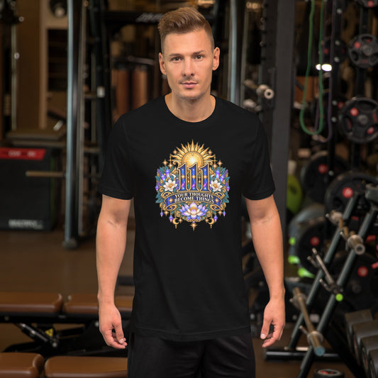 111 Thoughts Become Things angel number design, a golden sunburst with white lotus flowers and amethyst crystals, on a black unisex t-shirt, front view