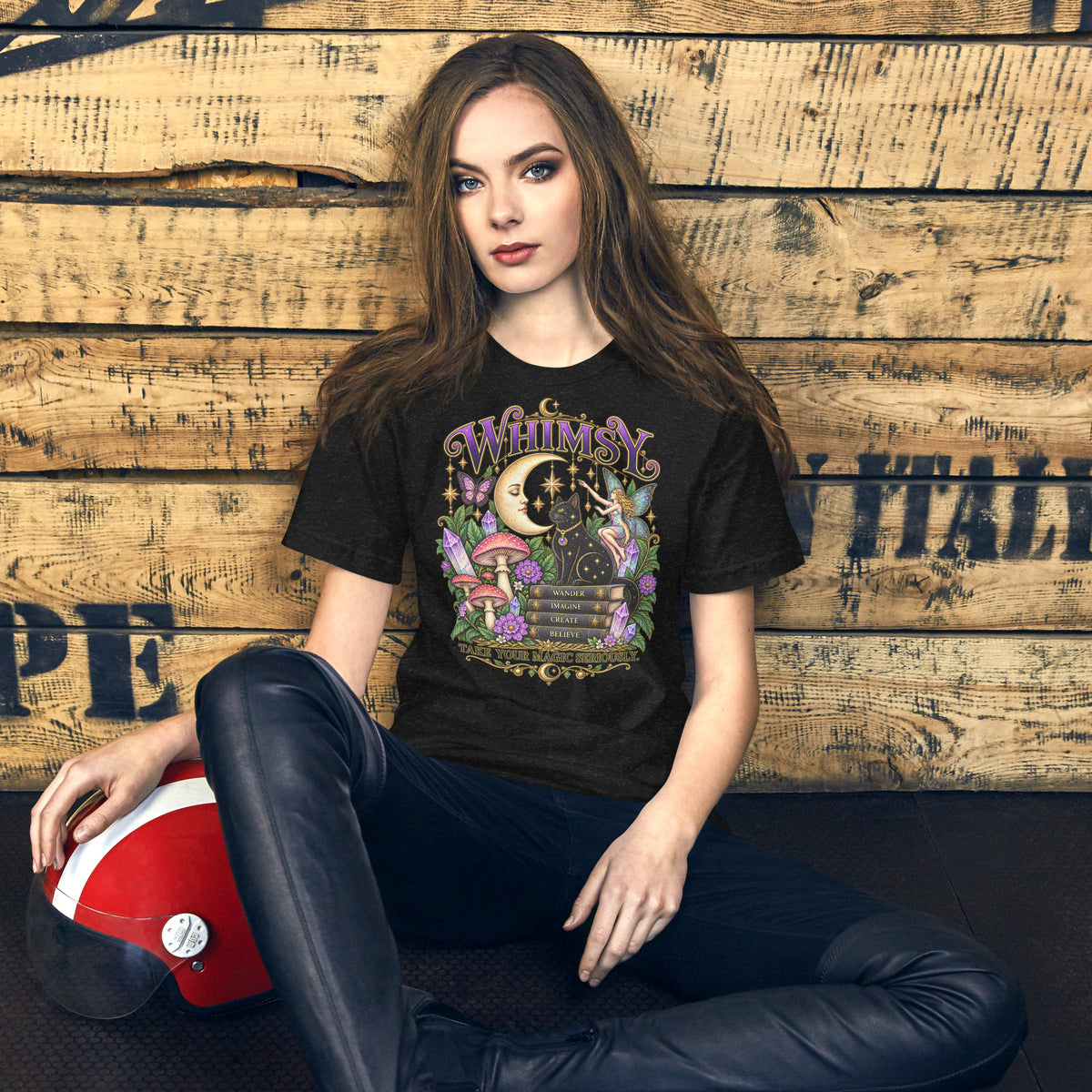 Whimsy, Take Your Magic Seriously design, on a black heather unisex t-shirt, front view