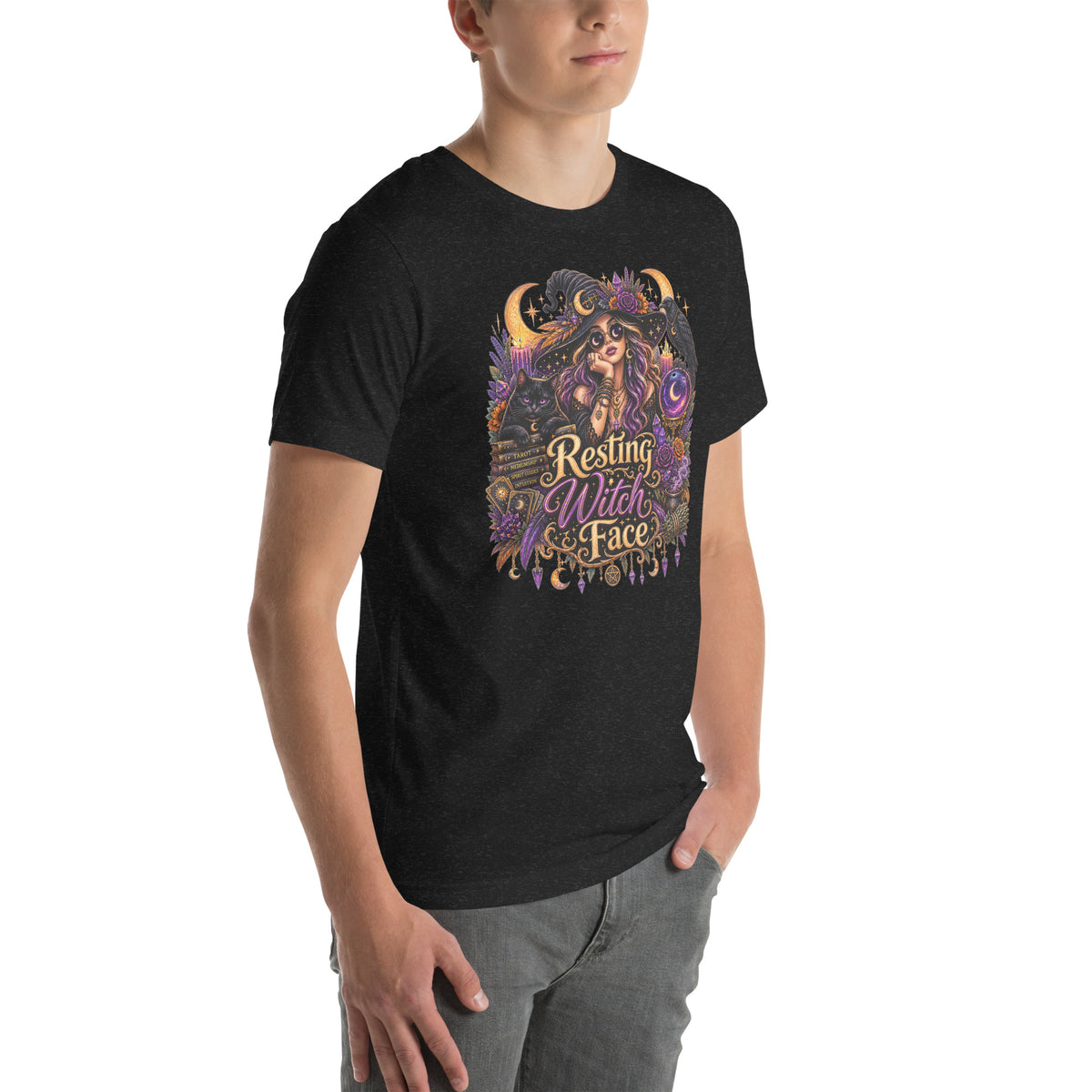 Resting Witch Face whimsigoth design, a witch in round sunglasses with her black cat and a raven, on a black heather unisex t-shirt, right front view