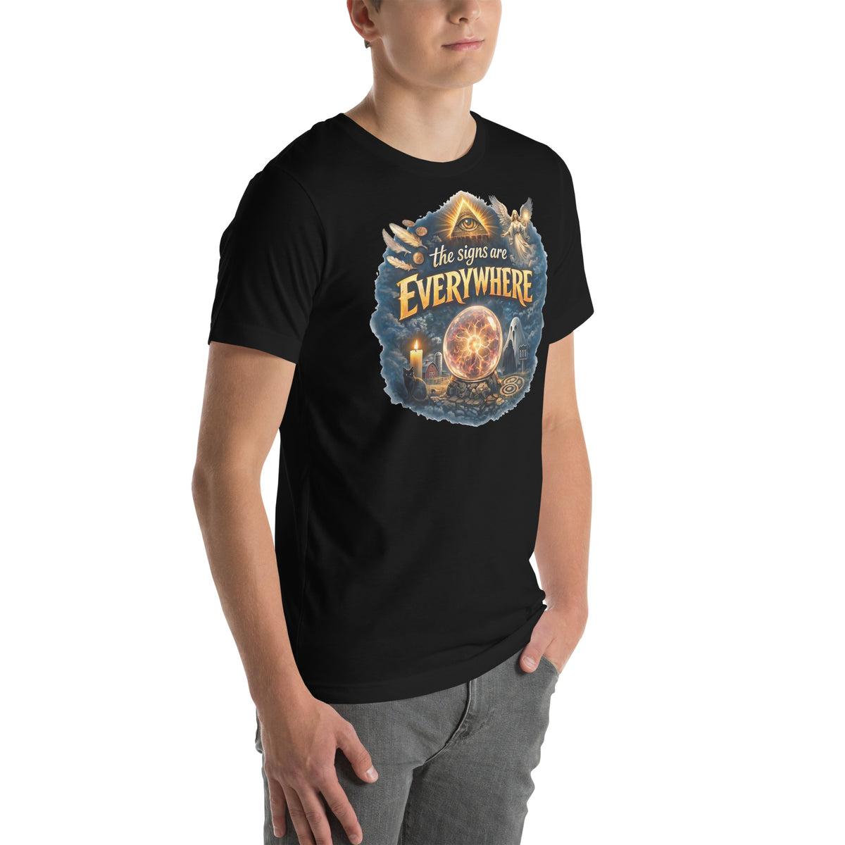 The Signs Are Everywhere design, an all-seeing eye, an angel, a crystal ball and a 111 road sign in gold, on a black unisex t-shirt worn by a model, angled to the right
