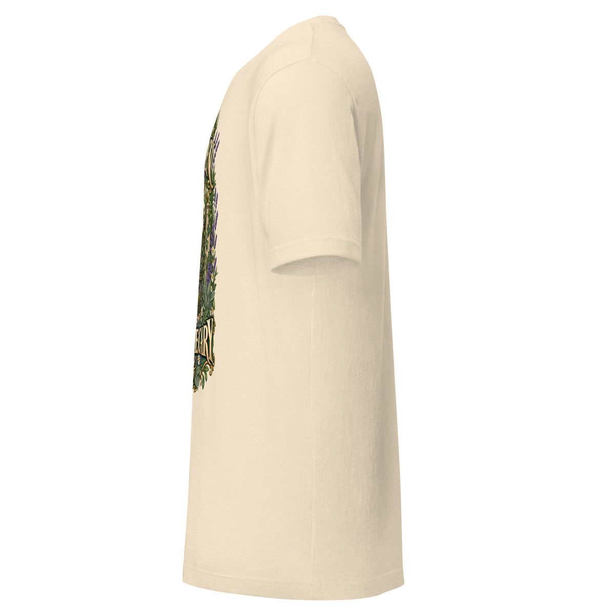 The Garden Is My Apothecary unisex t-shirt in heather natural, left side, showing the sleeve and side seam.