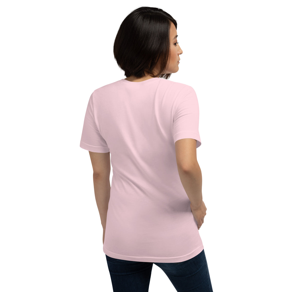 My Book Club Has A Coven Problem dark academia design, a witchy black cat and a stack of spellbooks, on a soft pink unisex t-shirt, back view