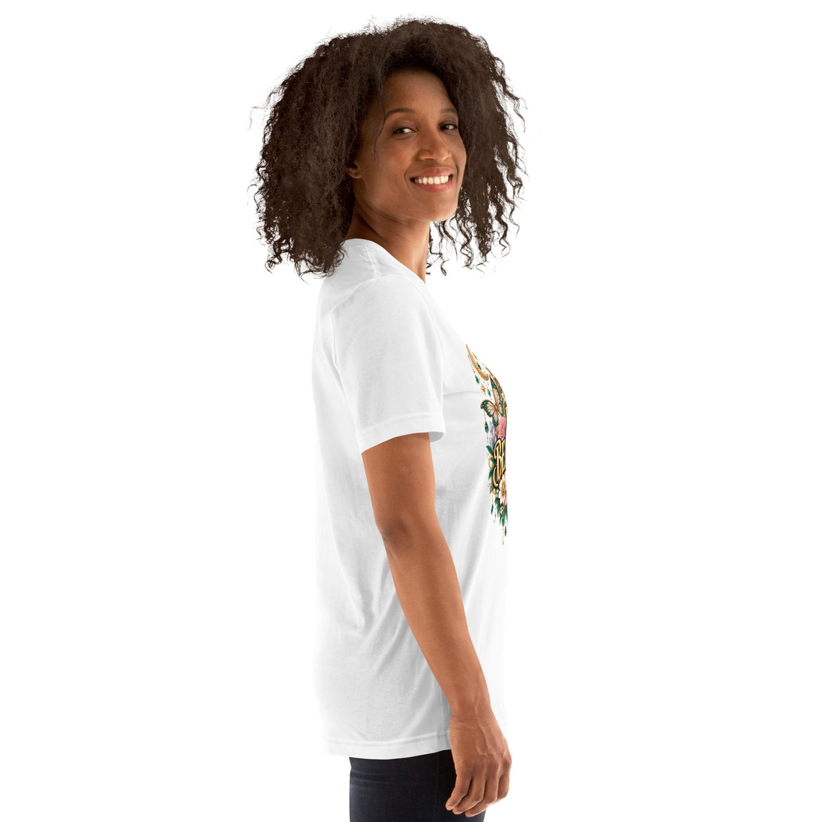 I Am Beautiful affirmation design with roses, butterflies and twin crescents in gold, on a white unisex t-shirt, right side view