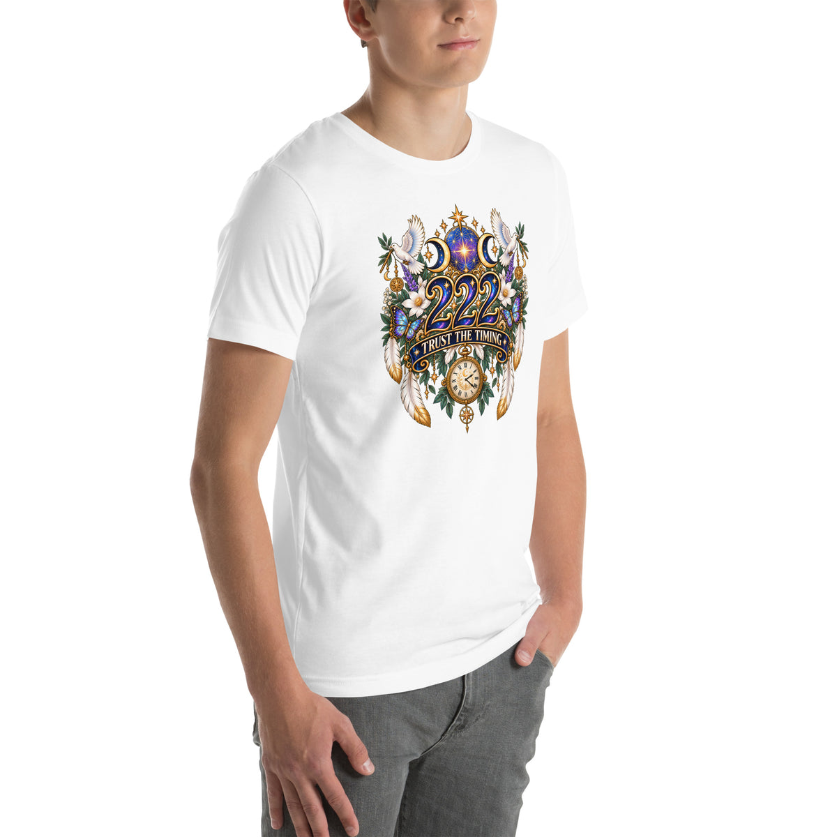 222 Trust The Timing angel number design, two white doves with olive branches, a gold pocket watch and white feathers, on a white unisex t-shirt, right front view