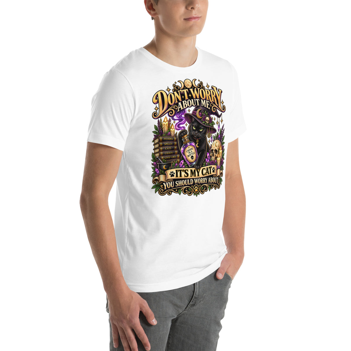 Model wearing a White It's My Cat You Should Worry About t-shirt, right side view