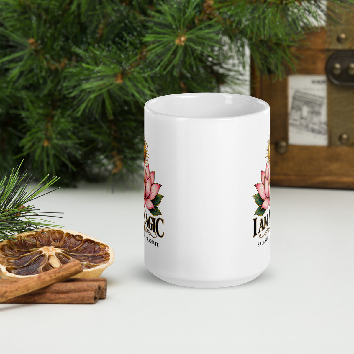 I Am Magic design with a gold lotus, Be Magical collection, on a white glossy mug, 15 oz, front view