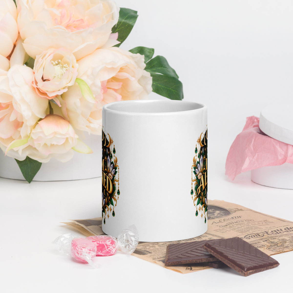 I Am Aligned affirmation design with a lotus, quartz and moon phases in gold, on a white glossy mug, 20 oz, front view