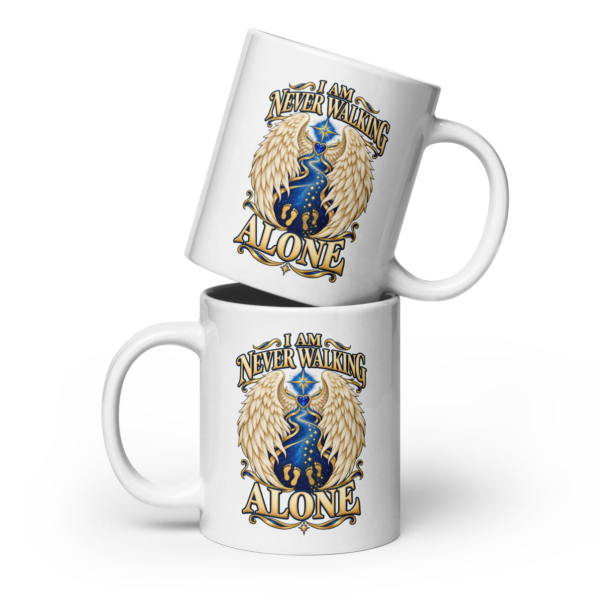 I Am Never Walking Alone design, cream angel wings framing a starry path with two sets of gold footprints and a blue gem heart, on a white glossy mug, 20 oz, front view
