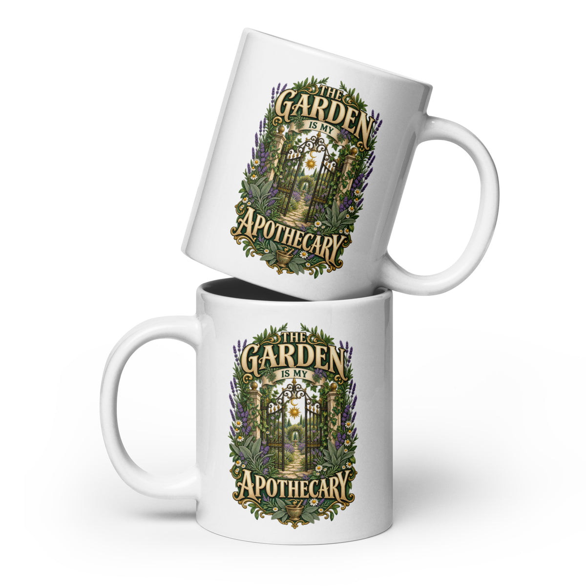 The Garden Is My Apothecary 20 oz white glossy mug, front view. Gold apothecary lettering with lavender, daisies and a mortar and pestle.