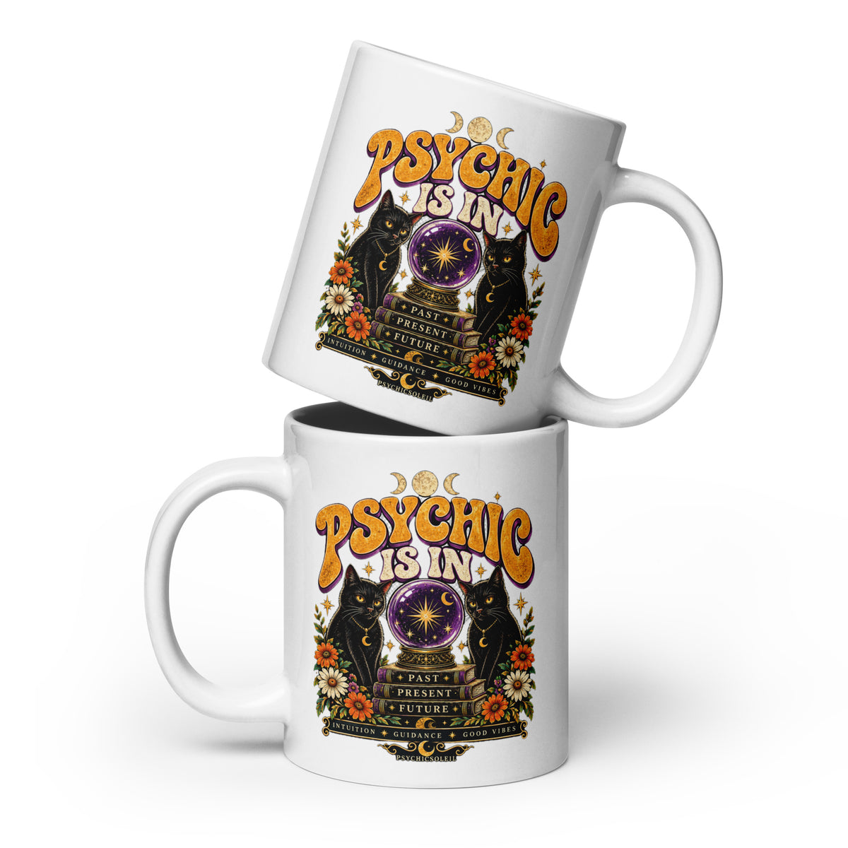 Retro Psychic Is In 20 oz white glossy mug, front view. Two black cats and a purple crystal ball in retro seventies lettering.