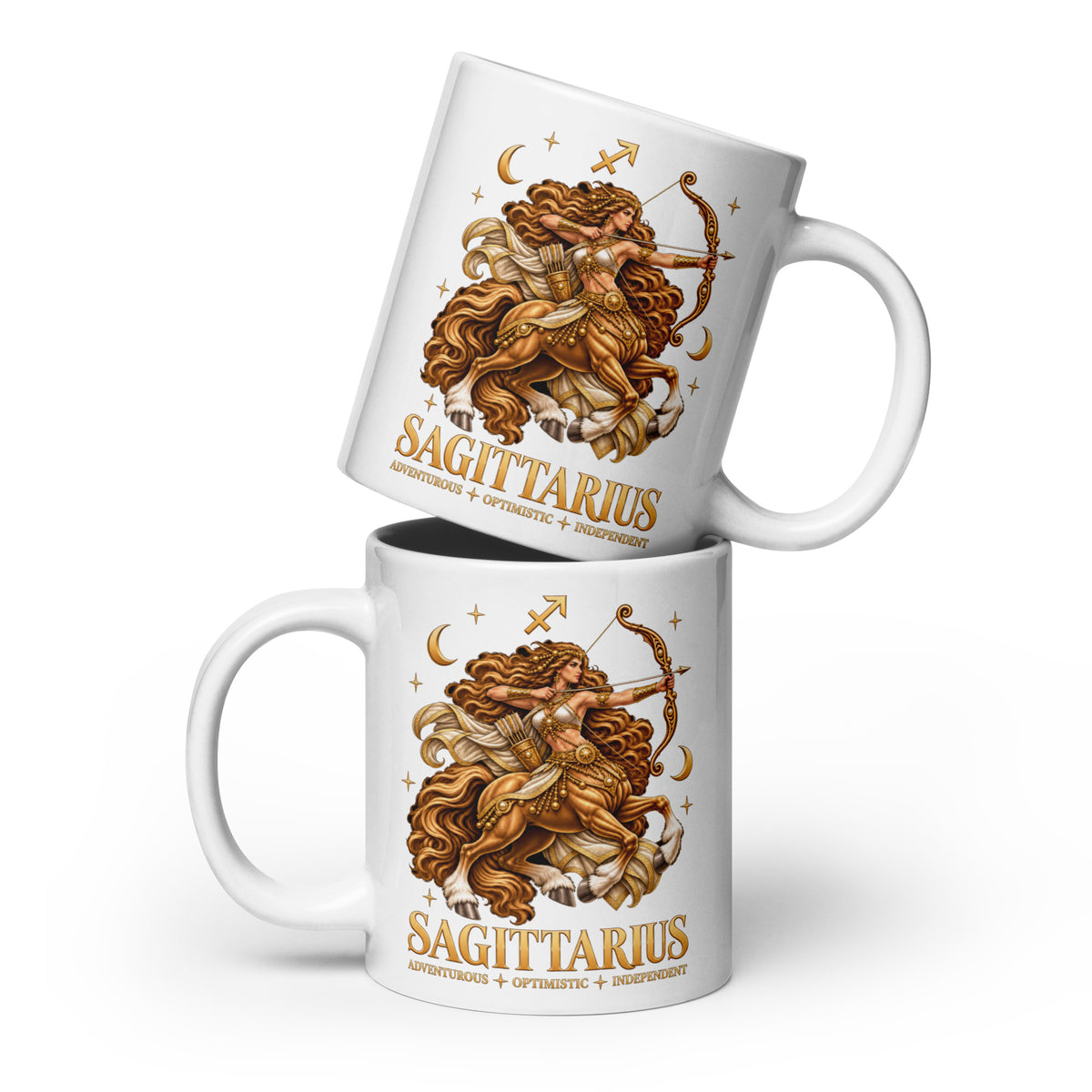 Sagittarius zodiac mug, 20 oz white glossy, front: a golden centaur archer in a night sky of gold stars with the Sagittarius glyph