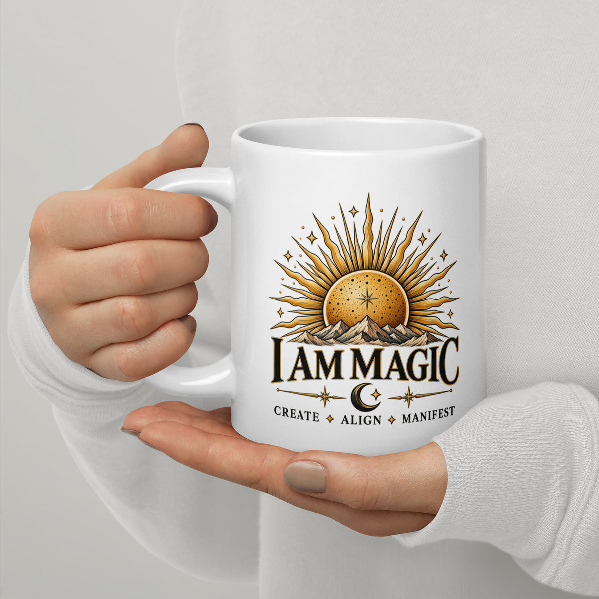 I Am Magic design with a gold sun face, Be Magical collection, on a white glossy mug, 20 oz, handle on the left