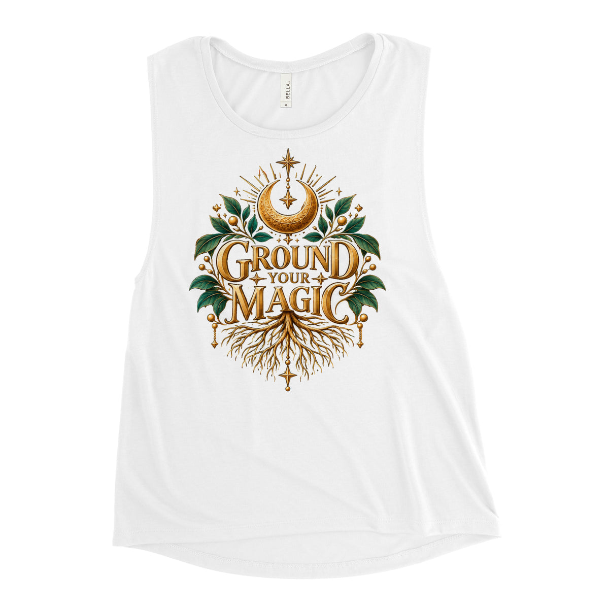 Ground Your Magic design, roots growing from the lettering, on a white ladies' muscle tank, front view