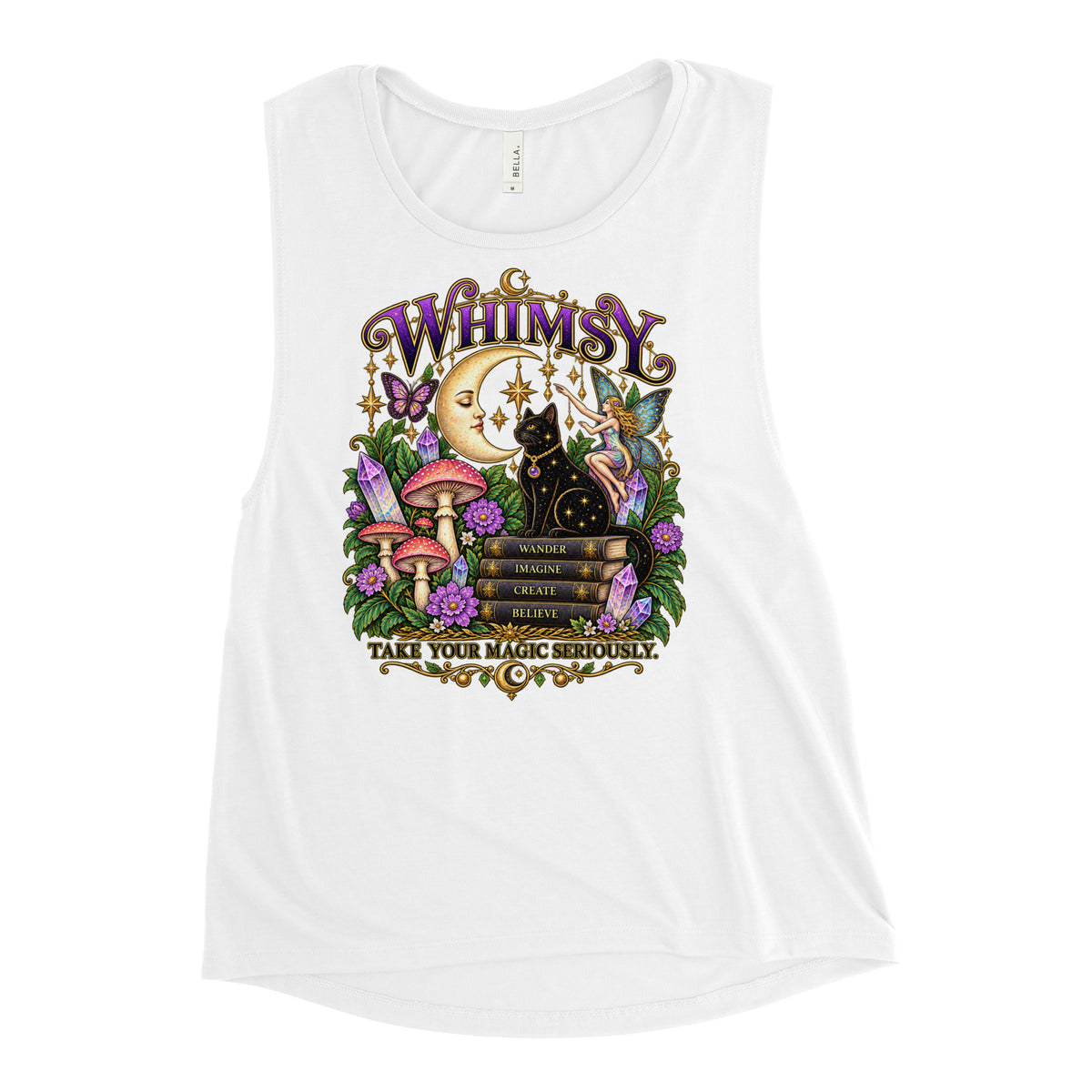 Whimsy, Take Your Magic Seriously design, on a white ladies' muscle tank, front view