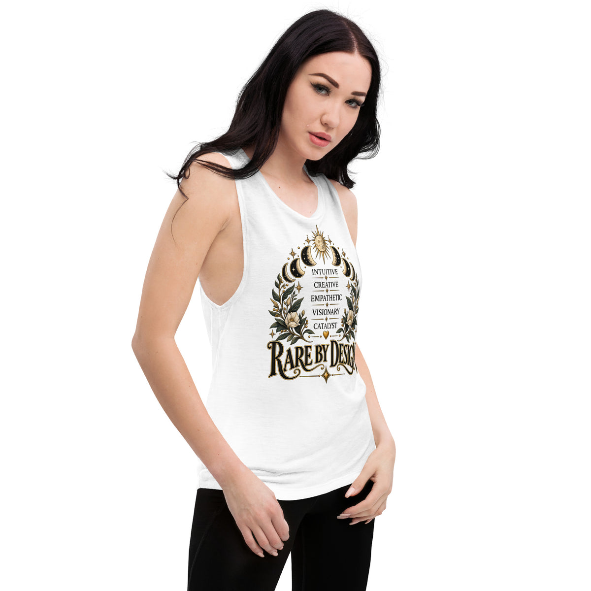 Rare By Design design with the words Intuitive, Creative, Empathic, Visionary, Catalyst, on a white ladies' muscle tank, angled right front view