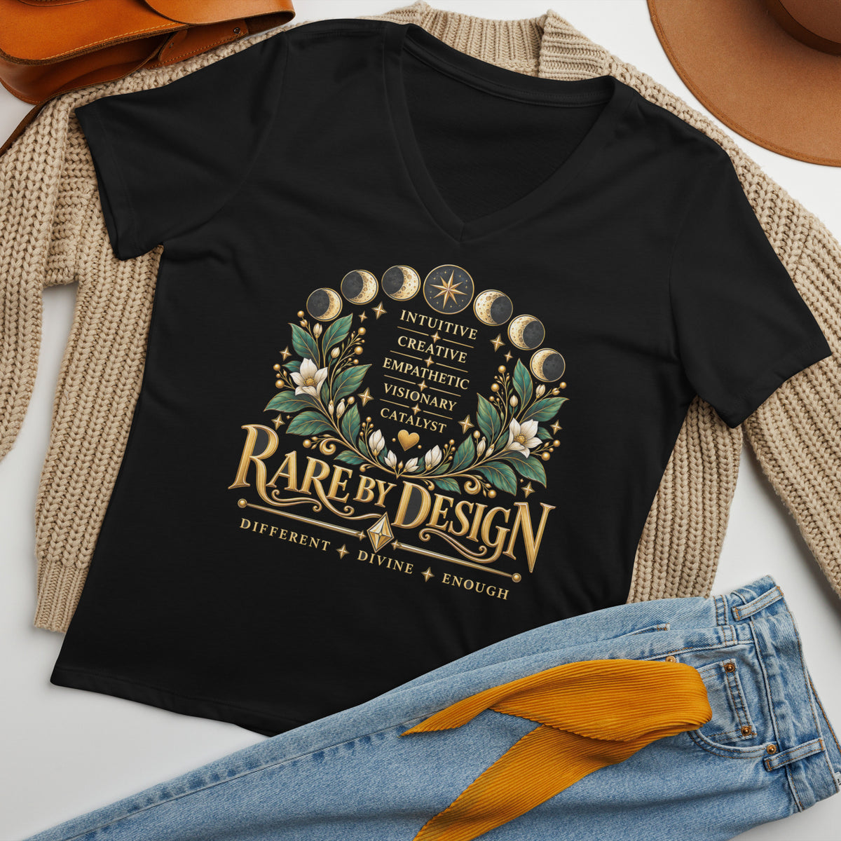 Rare By Design design with the words Intuitive, Creative, Empathic, Visionary, Catalyst, on a solid black blend women's relaxed v-neck t-shirt, front view