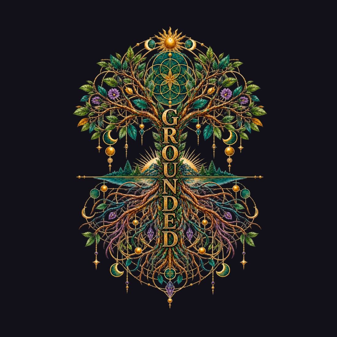A tree of life in green and gold with a sun and moons above and roots mirroring its branches below, the word GROUNDED running down the trunk