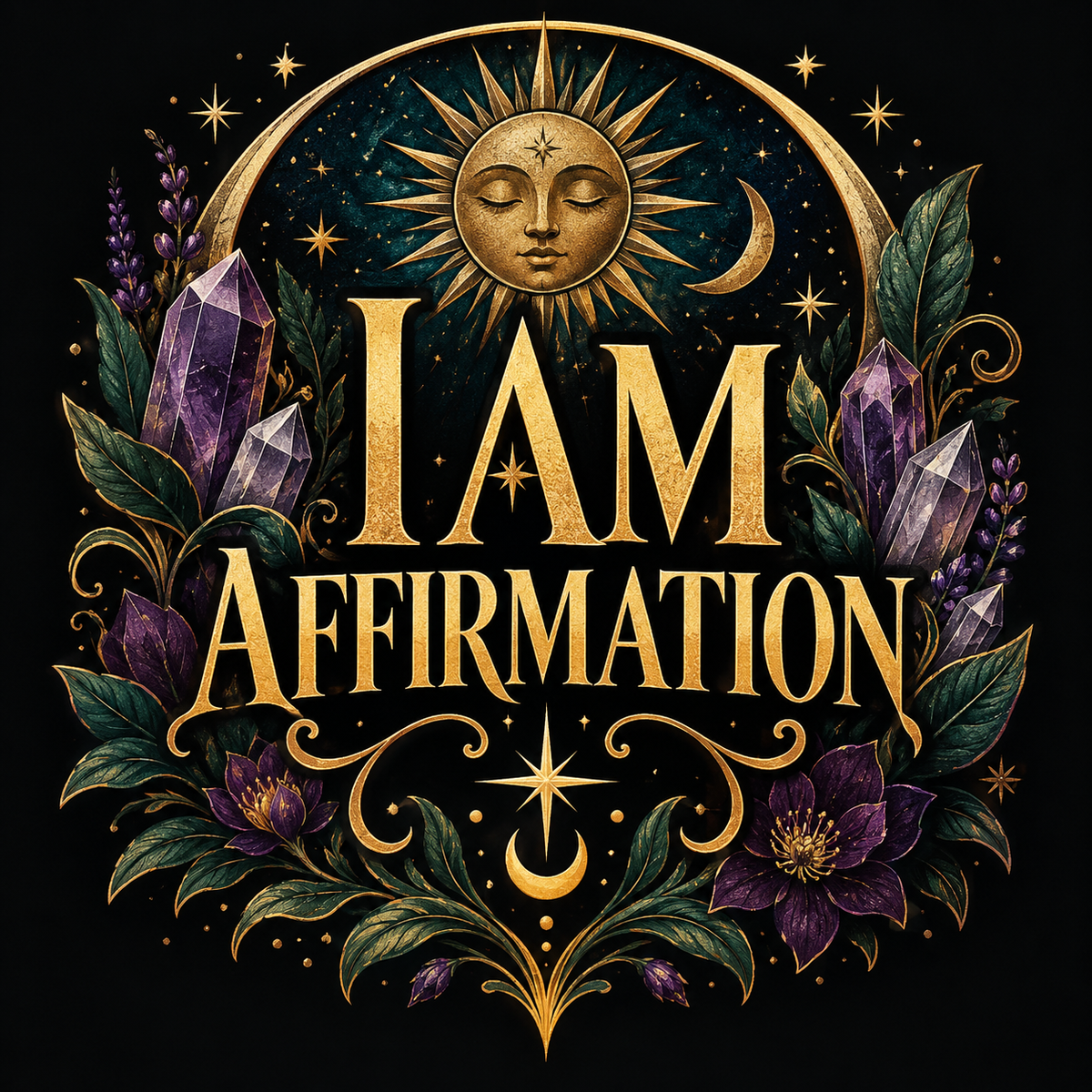 I AM Affirmation in gold lettering on black, framed by a sun face, crescent moons, amethyst crystals and purple blooms