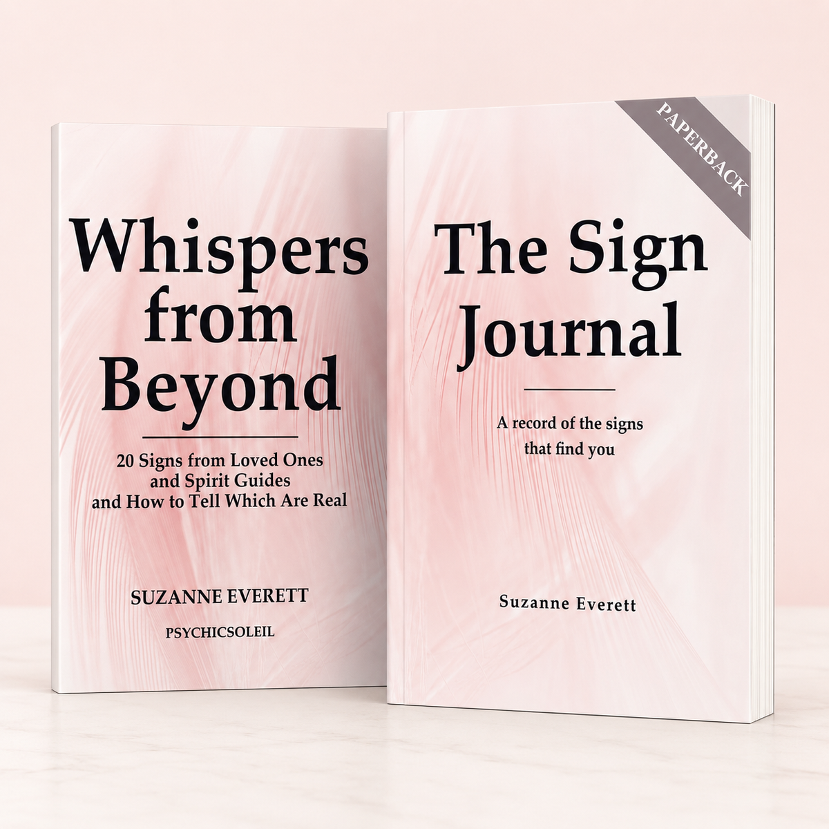Whispers from Beyond and The Sign Journal paperbacks side by side, a book about signs from loved ones beside its companion journal