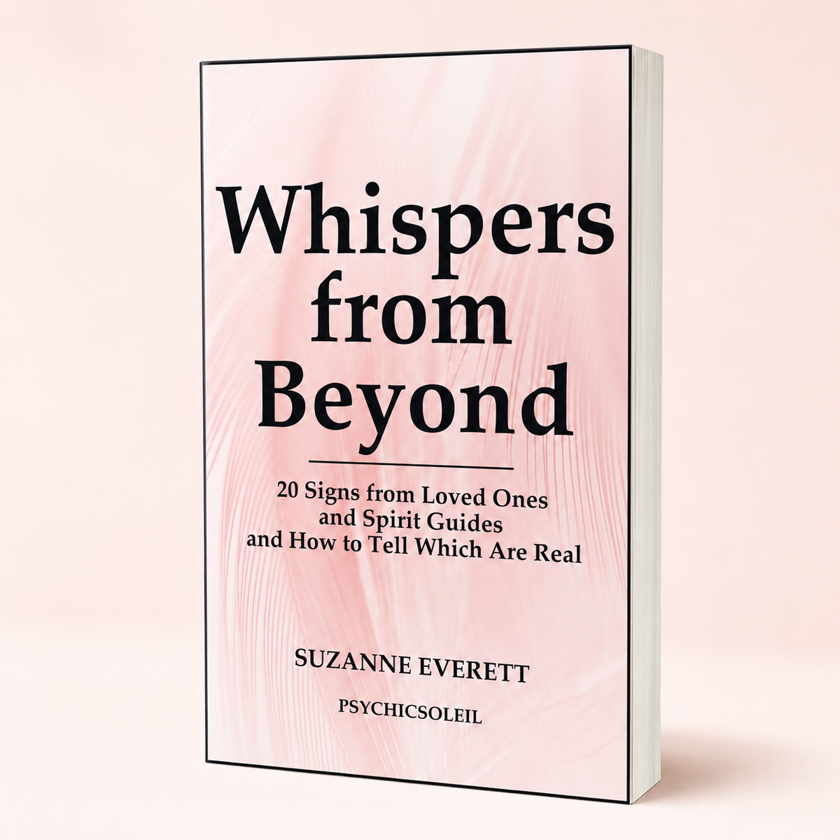 The Whispers from Beyond paperback, a blush pink cover with black type, standing against a pale background