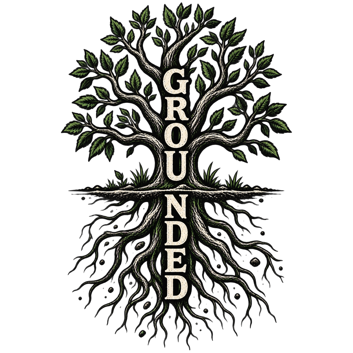 Grounded design: a green-leaved tree whose white roots mirror its branches, the word GROUNDED set vertically