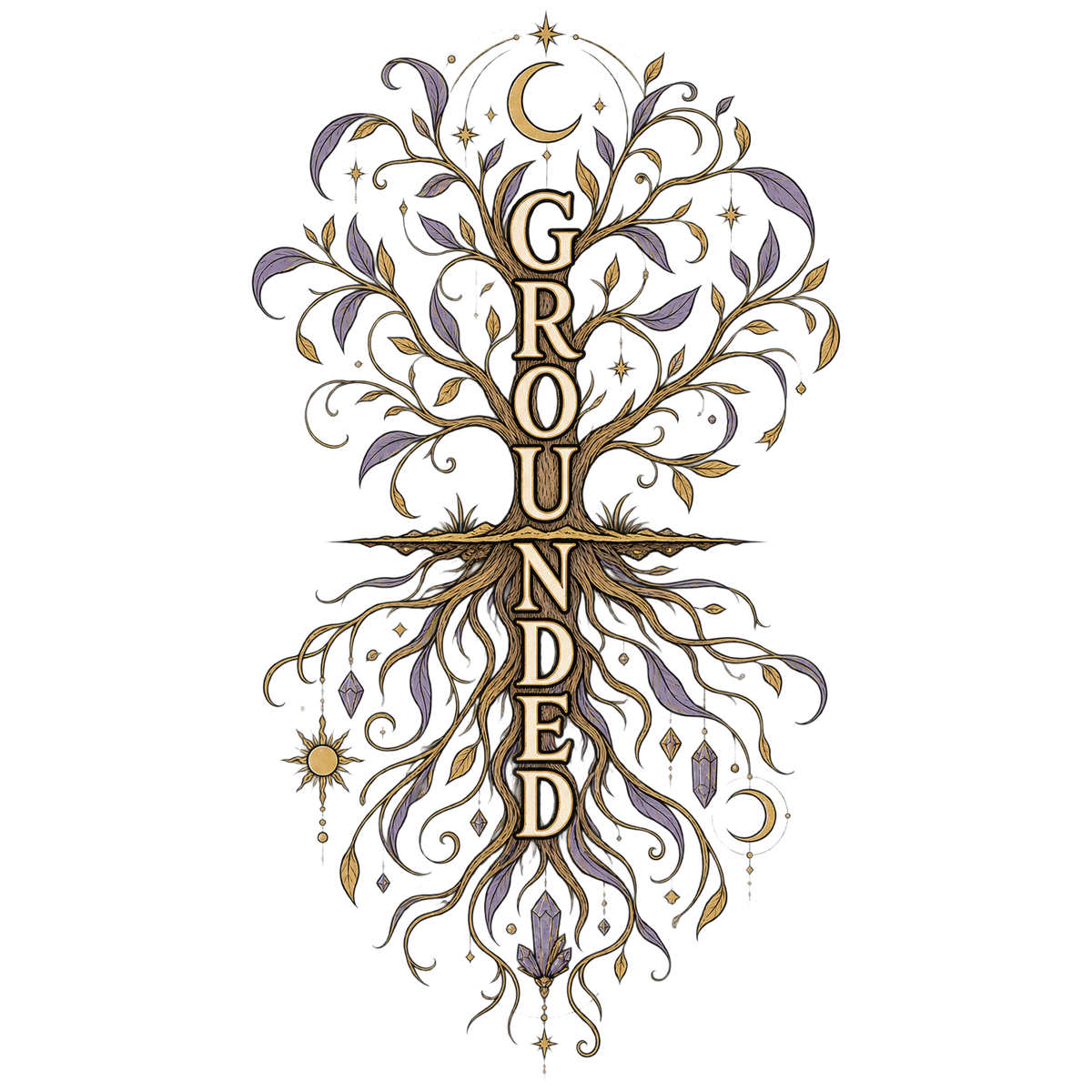 Grounded shirt design: an ornate tree with lilac and gold leaves and crystals in its roots, GROUNDED set vertically