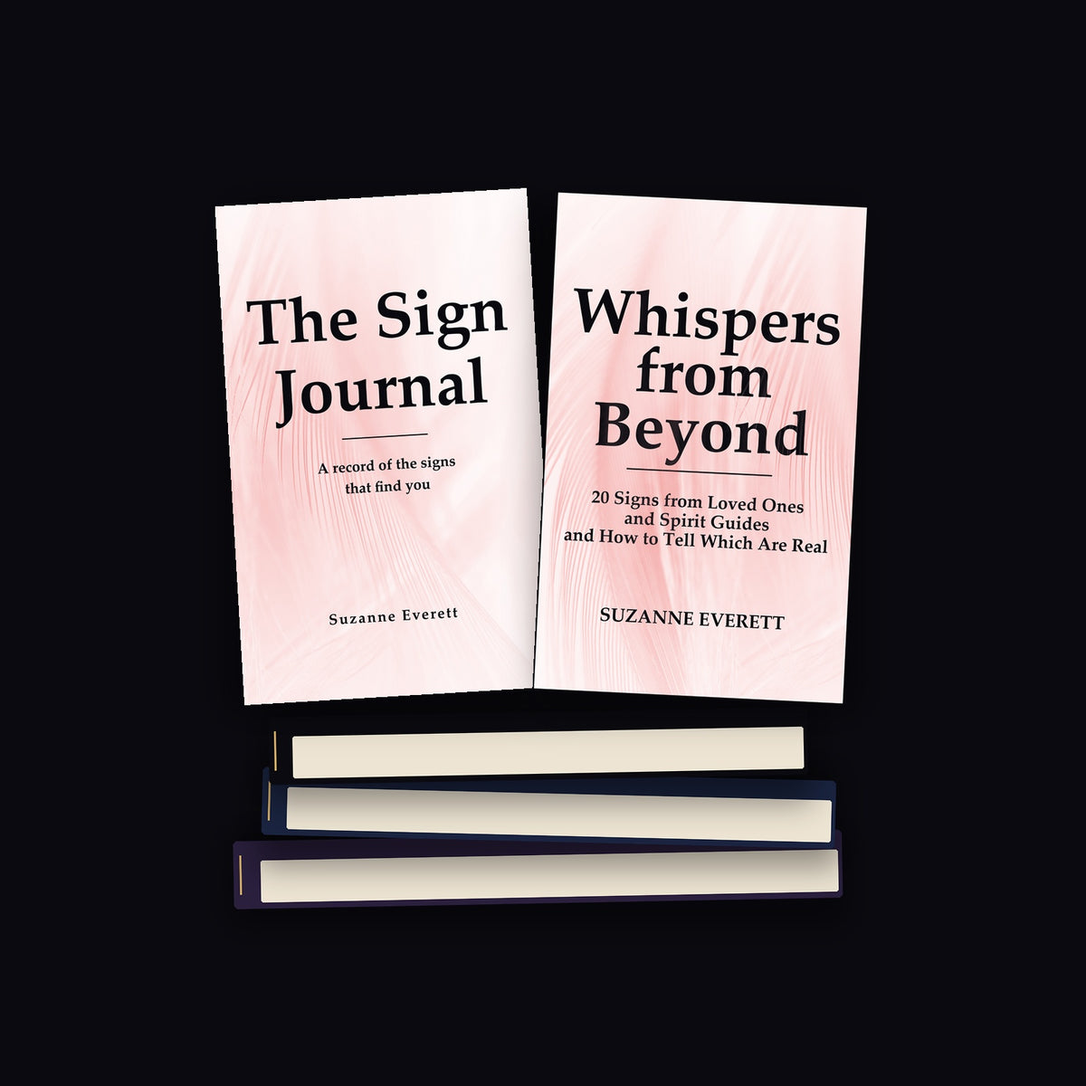 The Sign Journal and Whispers from Beyond paperbacks standing on a stack of closed books against a near-black ground