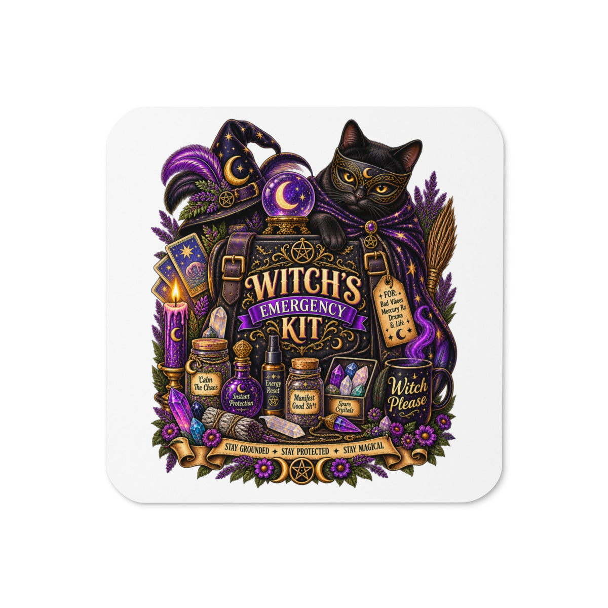 A cork-back coaster carrying a witch design, front view