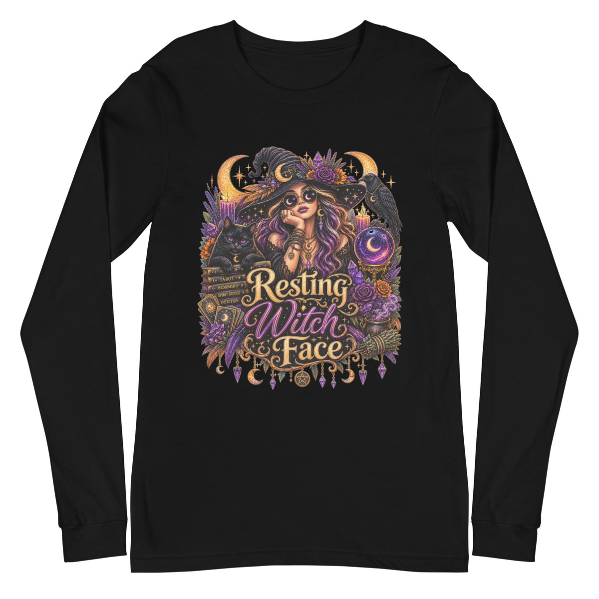A black unisex long sleeve tee carrying a witchy Halloween design, front view