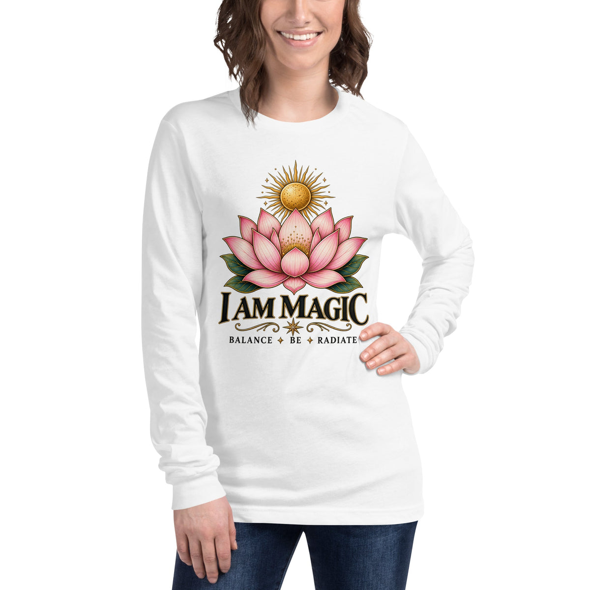 A white unisex long sleeve tee, front view