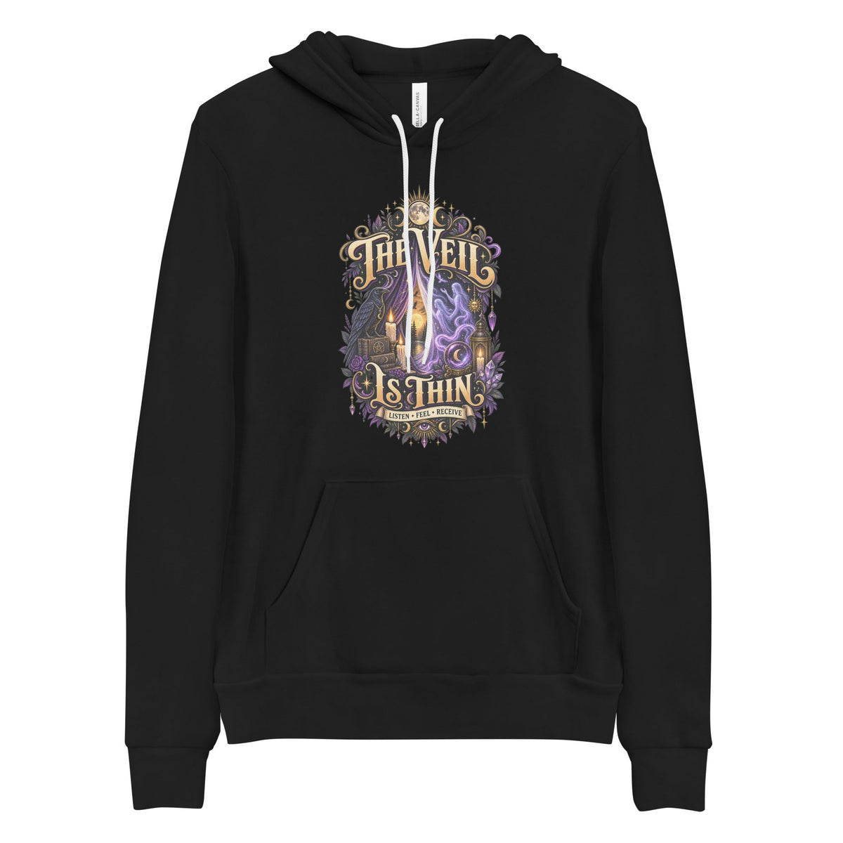 A black unisex pullover hoodie, front view
