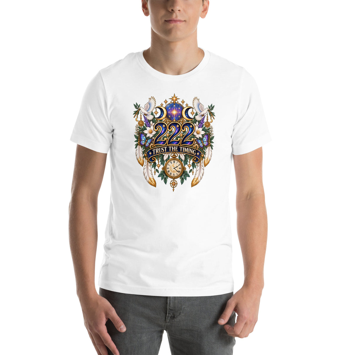 A white unisex t-shirt carrying an angel number design, front view