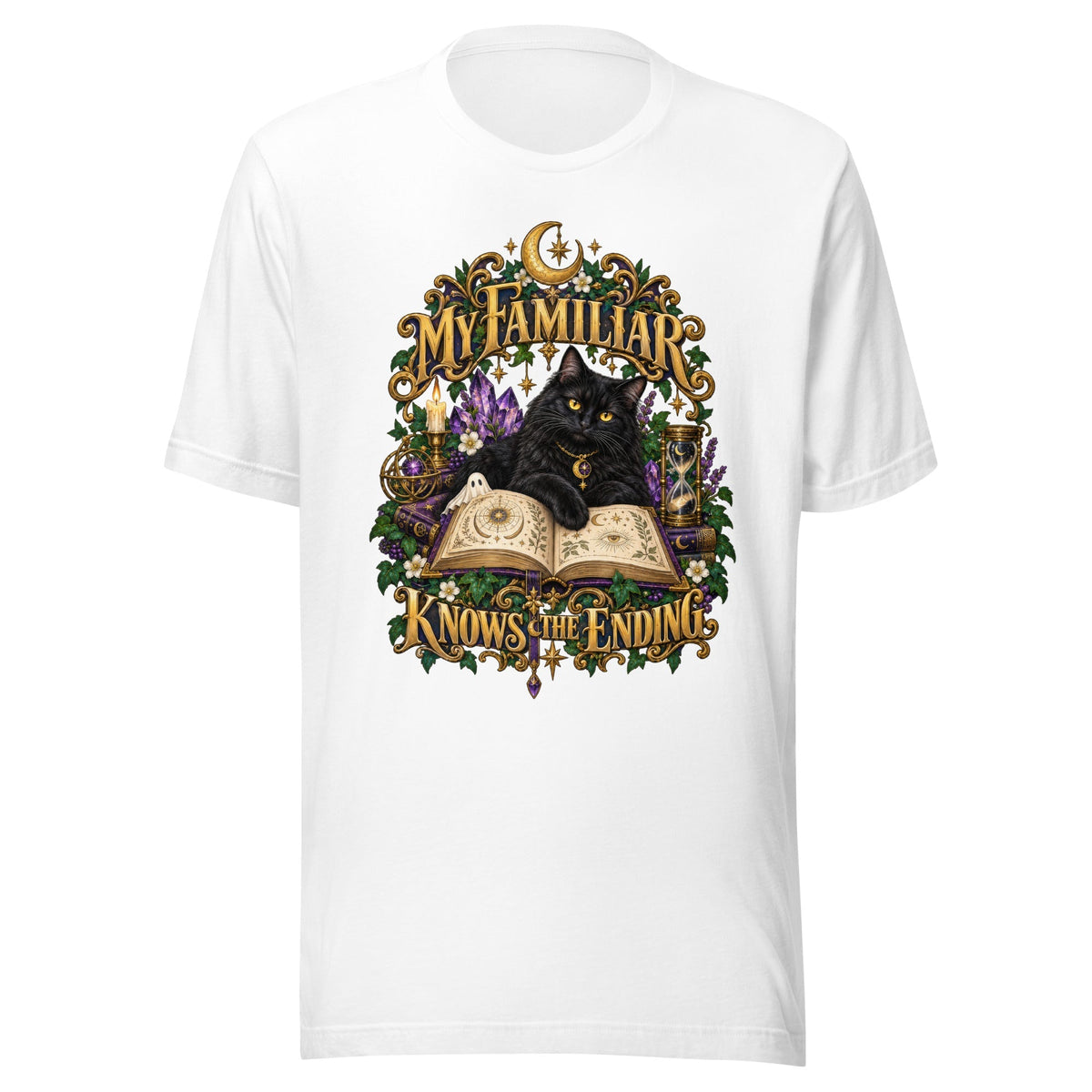 My Familiar Knows The Ending design, a black cat in a witch hat lying across an open grimoire beneath a crescent moon, framed by gold scrollwork and purple blooms, on a white unisex t-shirt
