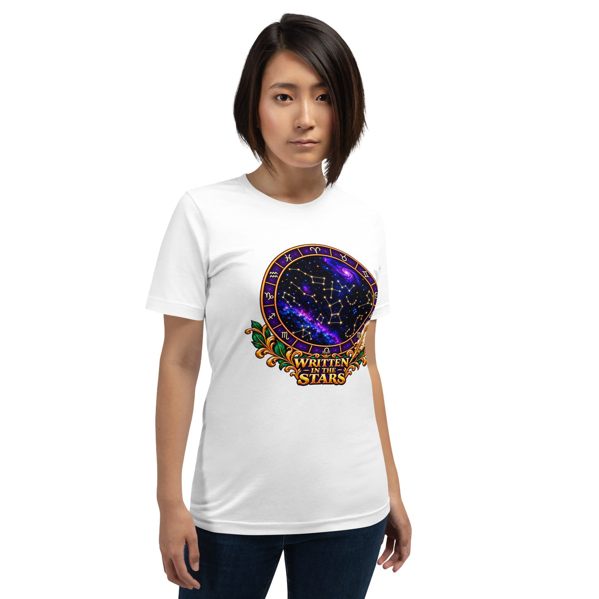 Written In The Stars astrology design, a zodiac wheel of constellations and a galaxy framed by gold scrollwork and a feather quill, on a white unisex t-shirt