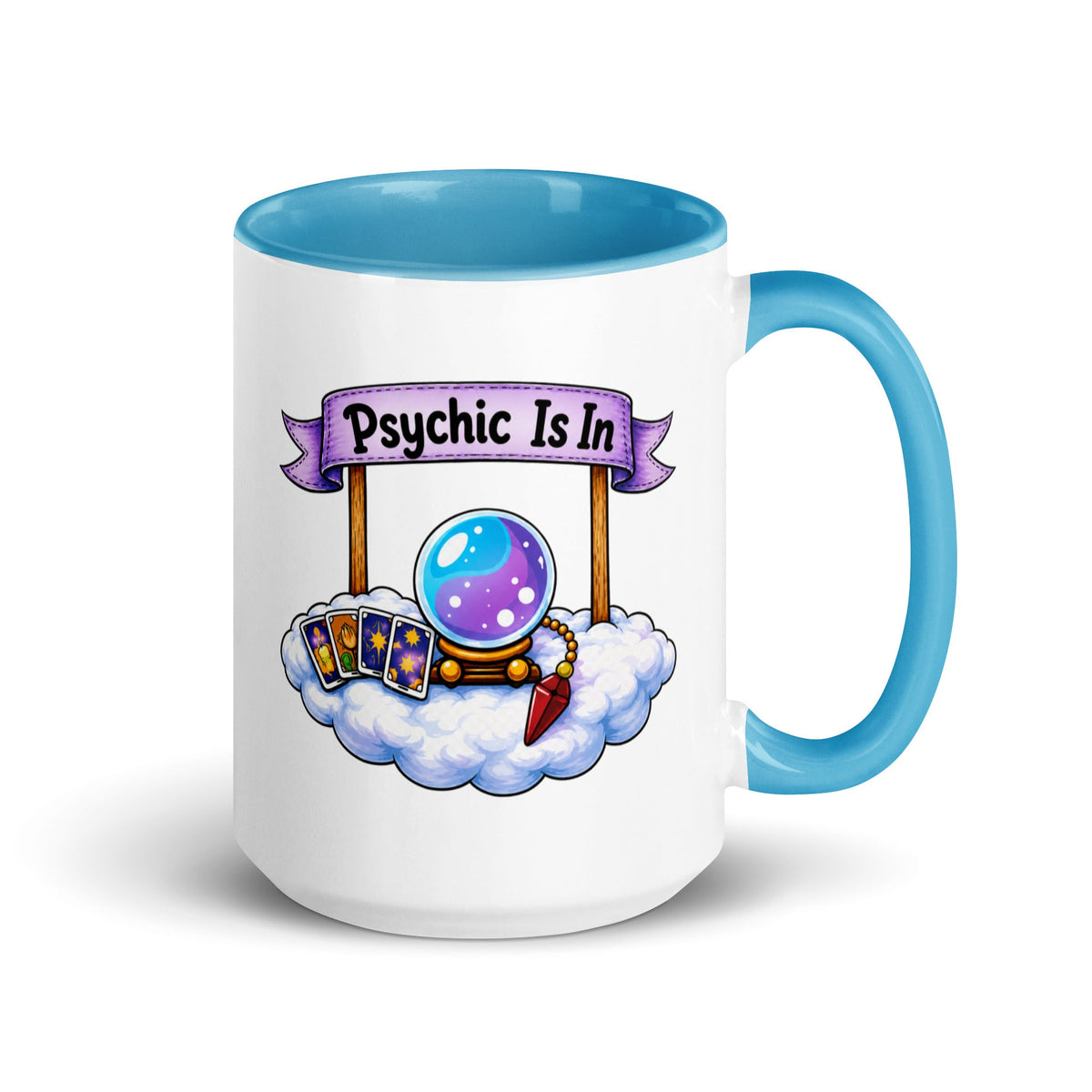 A 15 oz white ceramic mug with a blue interior, handle on the right, from the tarot reader gift range