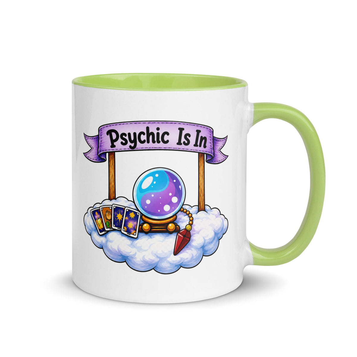 An 11 oz white ceramic mug with a green interior, handle on the right, from the psychic gifts range