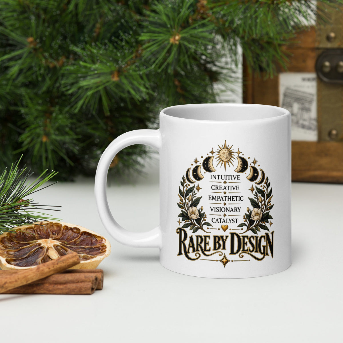 A 20 oz white glossy mug from the empath gifts range, handle on the left