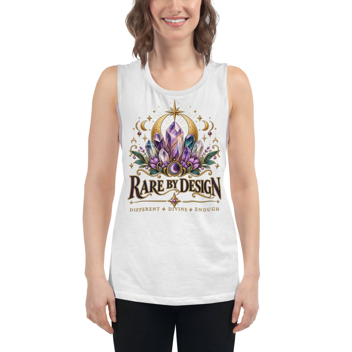 A white women's muscle tank, front view