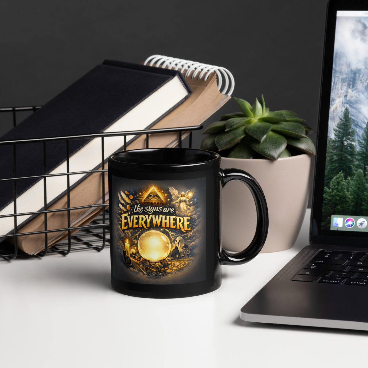 The Signs Are Everywhere design, an all-seeing eye, an angel, a crystal ball, a ghost and a 111 road sign in gold, on a black glossy mug, 11 oz, handle on the right